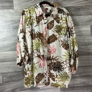 JM Womens Button Down Shirt Beige‎ Floral 3/4 Sleeve Roll Tab Collar Linen 20W